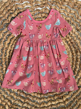 Load image into Gallery viewer, Colorful Chickens Pink Cotton Knit Boho Dress for Girls - Handmade, Twirly & Playful