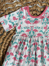 Load image into Gallery viewer, Pink Flamingo and Teal Damask Cotton Knit Ballet Twirl Dress for Girls - Handmade & Vibrant