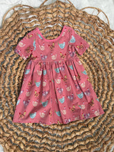 Load image into Gallery viewer, Colorful Chickens Pink Cotton Knit Boho Dress for Girls - Handmade, Twirly & Playful