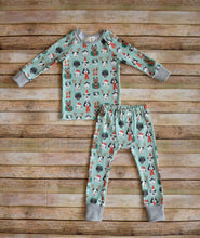 Load image into Gallery viewer, Mint Christmas Pups Organic PJ set
