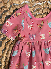 Load image into Gallery viewer, Colorful Chickens Pink Cotton Knit Boho Dress for Girls - Handmade, Twirly &amp; Playful
