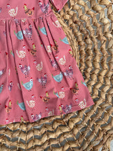 Load image into Gallery viewer, Colorful Chickens Pink Cotton Knit Boho Dress for Girls - Handmade, Twirly &amp; Playful
