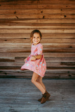 Load image into Gallery viewer, Colorful Chickens Pink Cotton Knit Boho Dress for Girls - Handmade, Twirly &amp; Playful

