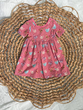 Load image into Gallery viewer, Colorful Chickens Pink Cotton Knit Boho Dress for Girls - Handmade, Twirly &amp; Playful
