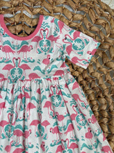 Load image into Gallery viewer, Pink Flamingo and Teal Damask Cotton Knit Ballet Twirl Dress for Girls - Handmade &amp; Vibrant
