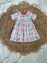 Load image into Gallery viewer, Pink Flamingo and Teal Damask Cotton Knit Ballet Twirl Dress for Girls - Handmade &amp; Vibrant
