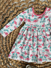 Load image into Gallery viewer, Pink Flamingo and Teal Damask Long Sleeve Cotton Knit Ballet Twirl Dress for Girls - Handmade &amp; Vibrant
