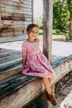 Load image into Gallery viewer, Colorful Chickens Pink Cotton Knit Boho Dress for Girls - Handmade, Twirly &amp; Playful
