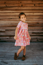 Load image into Gallery viewer, Colorful Chickens Pink Cotton Knit Boho Dress for Girls - Handmade, Twirly &amp; Playful
