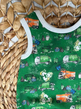 Load image into Gallery viewer, Sleeveless Baby Boy Bubble Romper with Recycle &amp; Garbage Truck Design - Handmade, Soft Cotton
